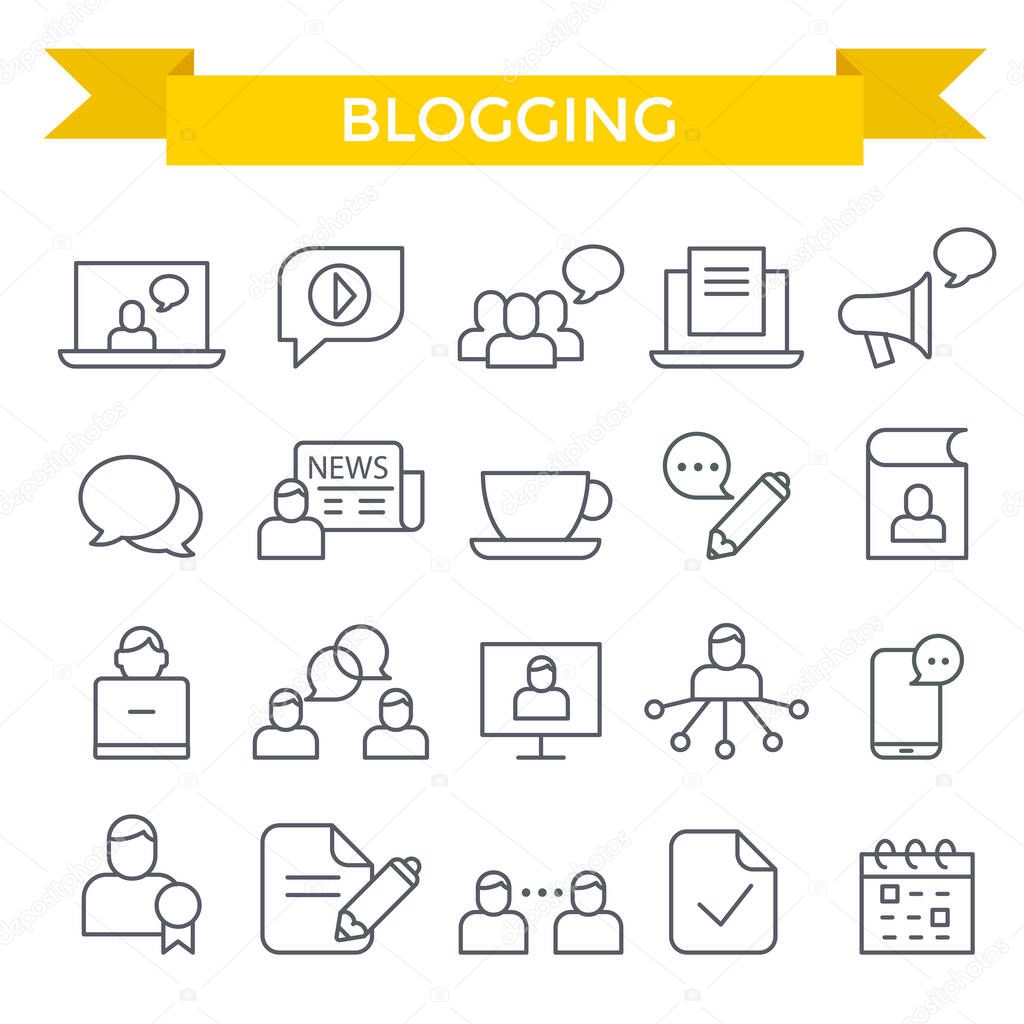 Blogging icon set, thin line, flat design