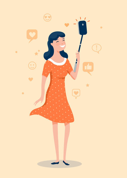 Cool happy girl making selfie photo with Smartphone. Vector illustration