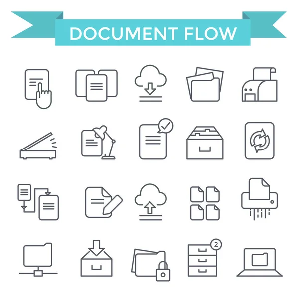 Fluxo Documentos Ícones Arquivo Linha Fina Design Plano — Vetor de Stock