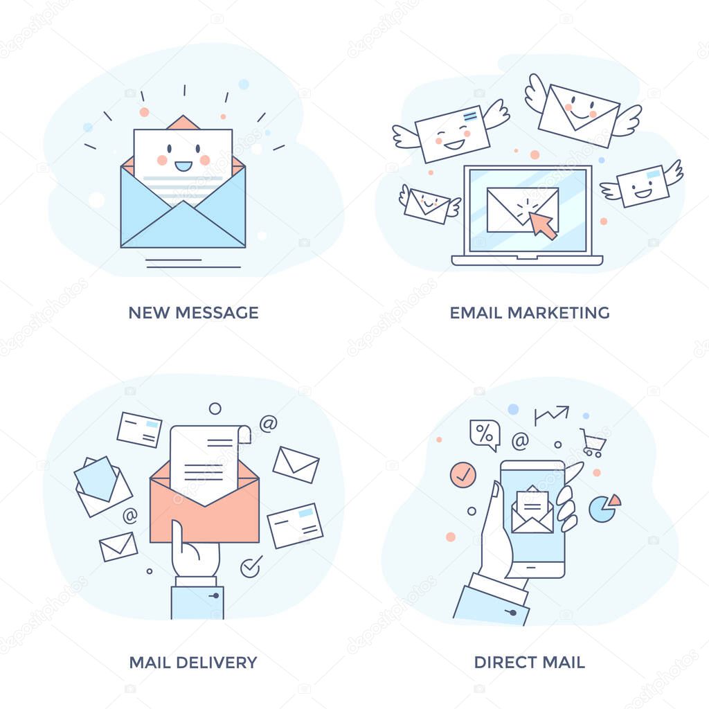 Email marketing concept icon set for business promotion, communication, sharing spam and information. Perfect for web interface, mobile applications, infographics and prints, flat line design.