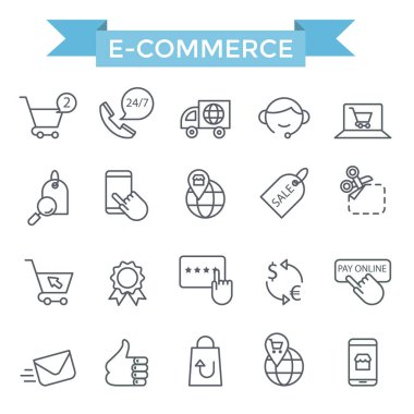 E-ticaret simgesi seti, ince çizgi tasarımı