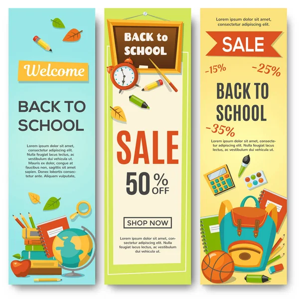 Back School Set Vertical Banners School Supplies — Stock Vector