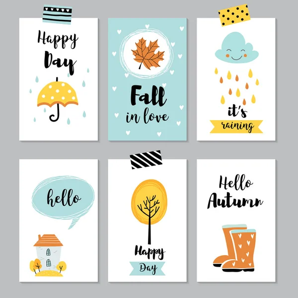 Χαριτωμένες Κάρτες Φθινόπωρο Αφίσες Πρότυπα Φυλλάδιο Αυτοκόλλητα Σύνολο Σχεδιασμού Χειροποίητο — Διανυσματικό Αρχείο
