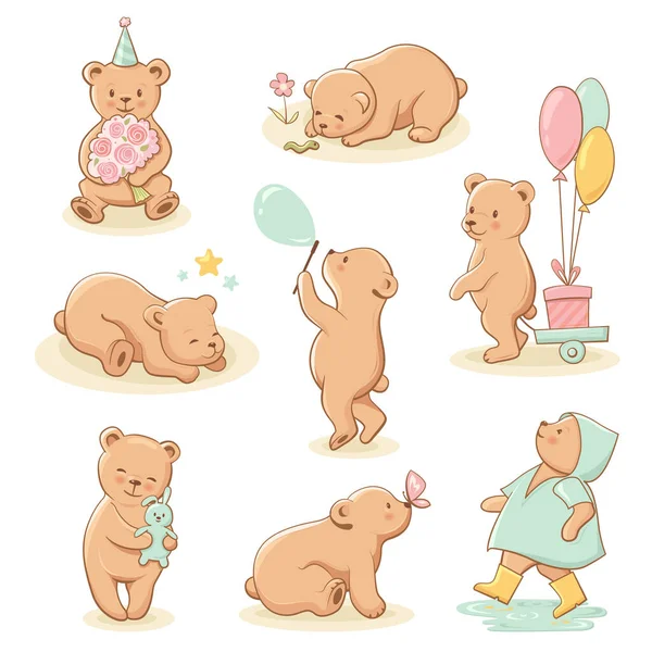 Słodkie Małe Postacie Niedźwiedzia Idealny Baby Shower Uroczystości Kartki Okolicznościowe — Wektor stockowy