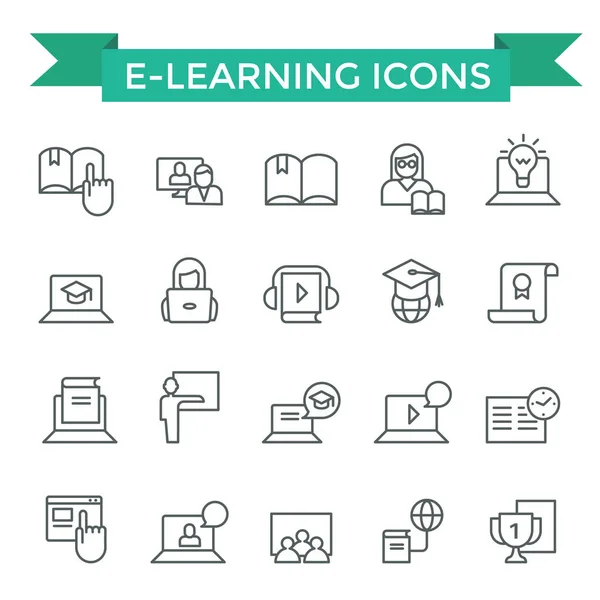 Iconos Aprendizaje Electrónico Línea Delgada Diseño Plano — Archivo Imágenes Vectoriales