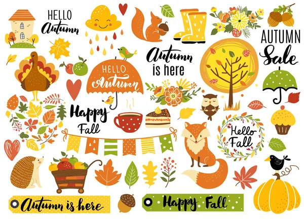 Podzimní Set Ručně Kreslené Prvky Kaligrafie Podzimní Listy Lesní Zvířata — Stockový vektor