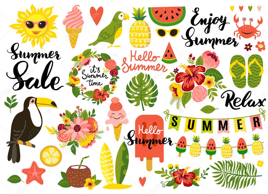 Summer set, hand drawn elements- calligraphy, flowers, tropical leaf, birds, wreaths, and other. Perfect for web, card, poster, cover, tag, invitation, sticker kit. Vector illustration