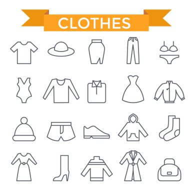 Giysi simgeleri, ince çizgi, düz tasarım