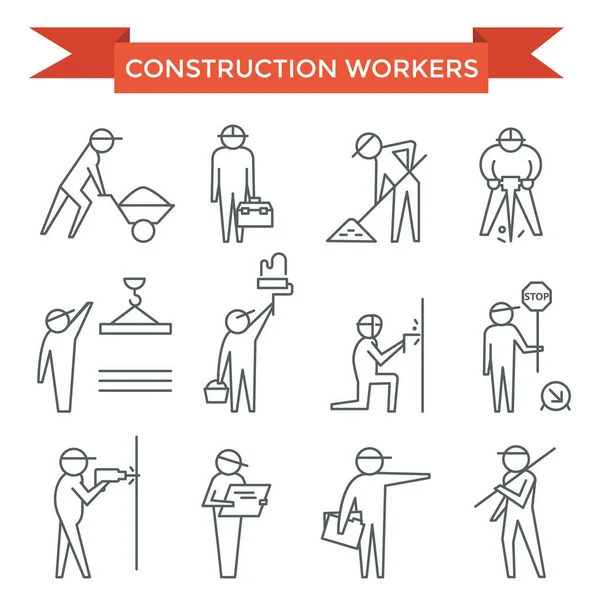 Construction Workers Set Thin Line Flat Icons — Stock Vector