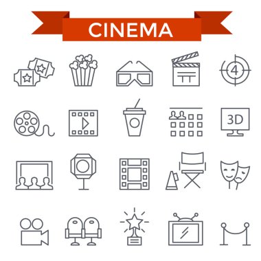 Sinema simgeleri, ince çizgi, düz tasarım