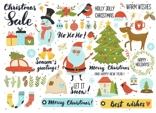 クリスマスと新年のセット 手描きの要素 サンタ 雪だるま 毛皮の木 装飾品 花輪など ウェブ スクラップブッキング カード — ストックベクタ