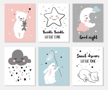 Küçük ayı, tavşan, ay ve yıldız, sevimli karakterler seti, bebek odası posterleri, tebrik kartları, çocuklar ve bebek tişörtleri.
