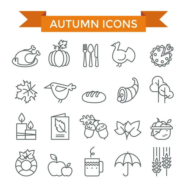 Ensemble Icône Jour Automne Thanksgiving Ligne Mince Design Plat — Image vectorielle