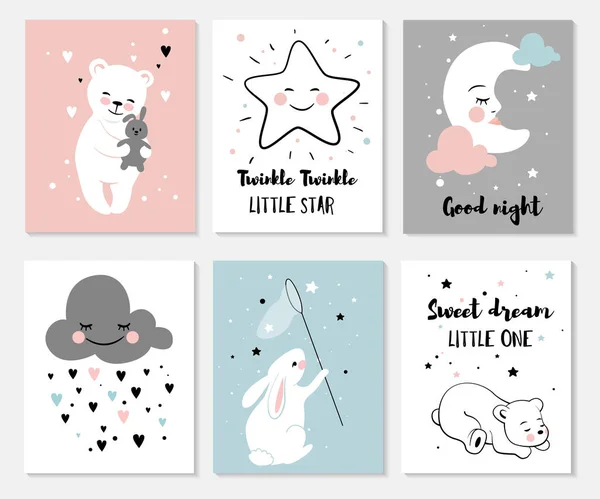 Pequeño Oso Conejo Luna Estrella Lindo Conjunto Personajes Carteles Para — Vector de stock