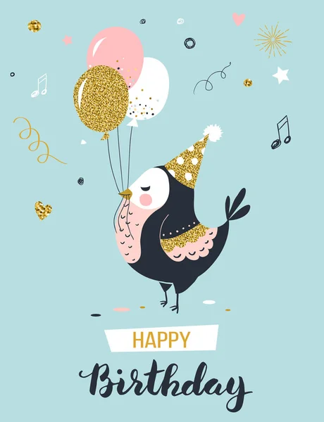 Feliz Aniversário Cartão Saudação Com Balões Pássaro Ilustração Vetorial — Vetor de Stock