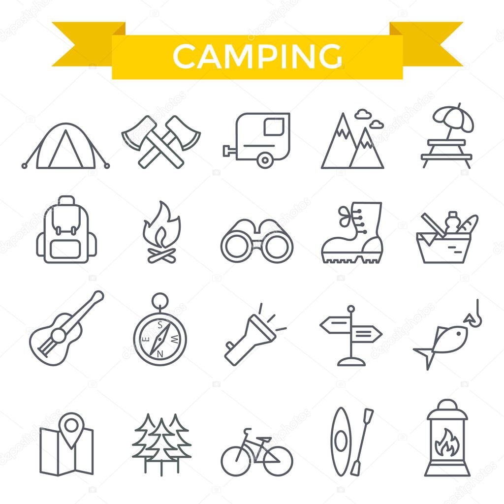 Camping icons, thin line design