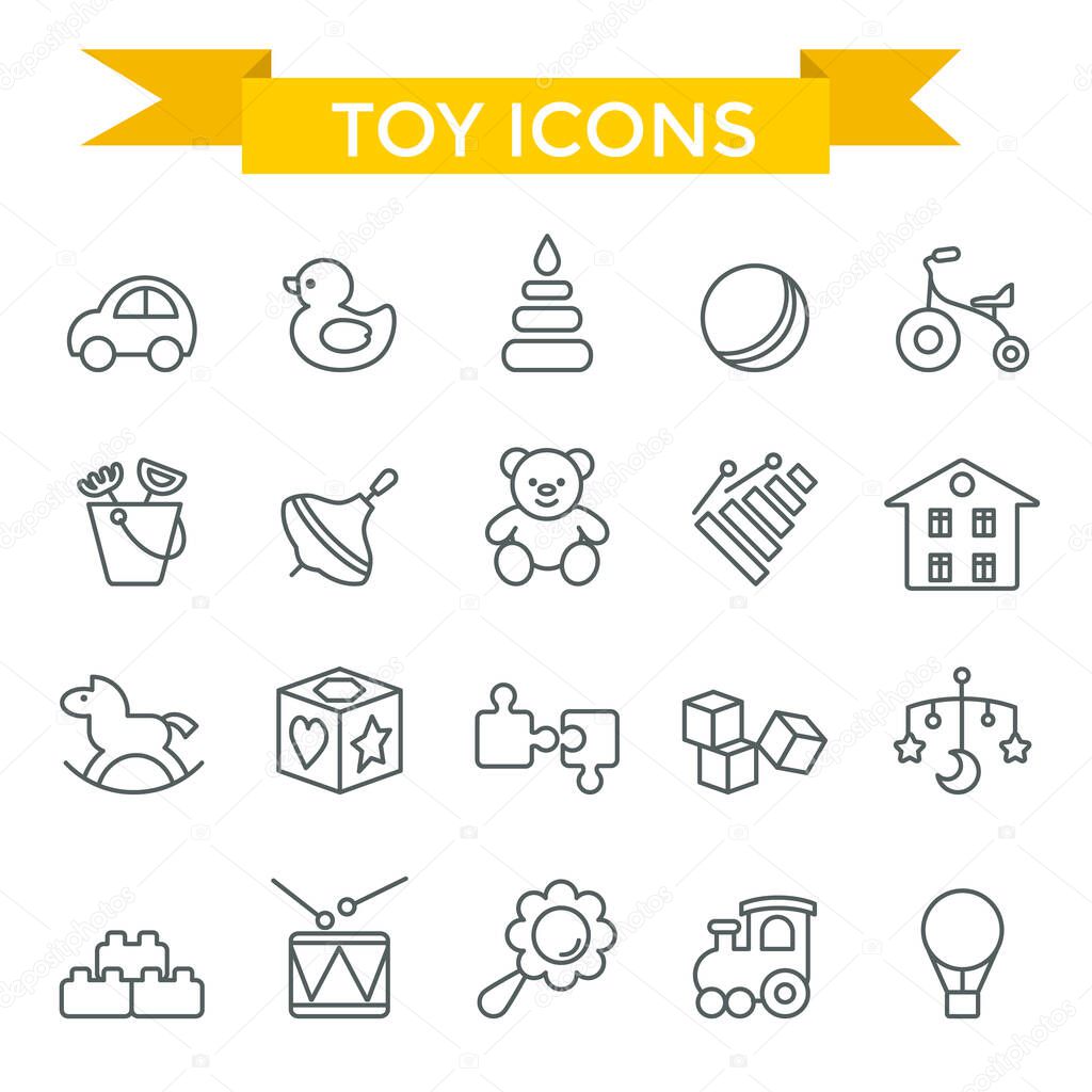 Toys icon set, thin line, flat design