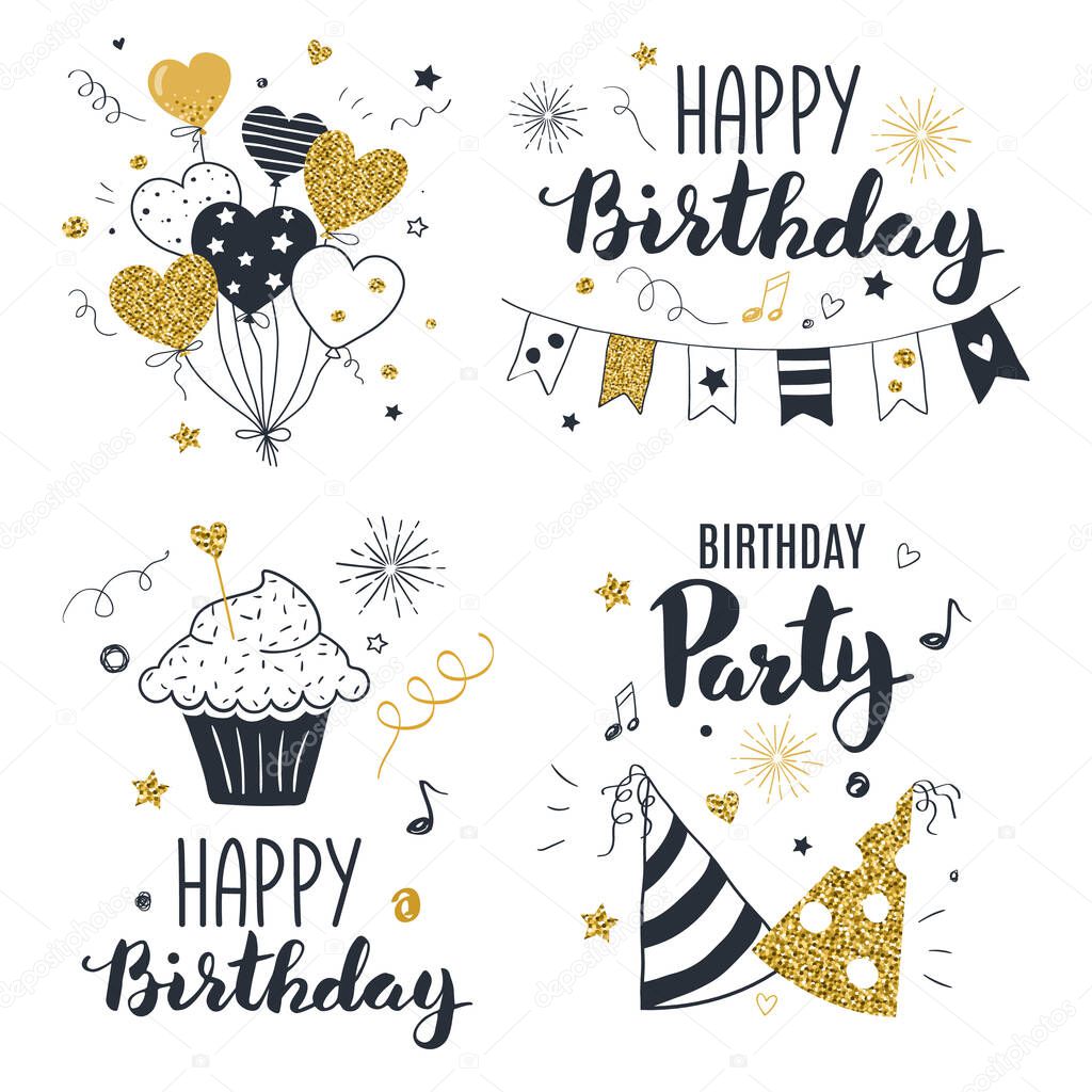 Set of birthday greeting cards design, black and gold colors, hand drawn style