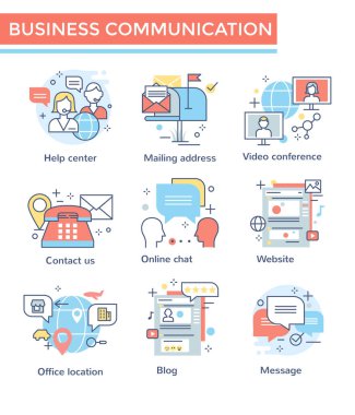 İş iletişim simgeleri, ince çizgi, düz tasarım, renk seti