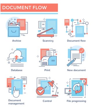 Belge akışı ve arşiv simgeleri, ince çizgi, düz tasarım