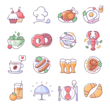 Restoran simgeleri, ince çizgi renk seti