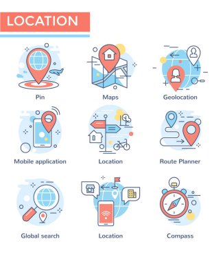 Konum konsepti simgeleri, ince çizgi, düz tasarım