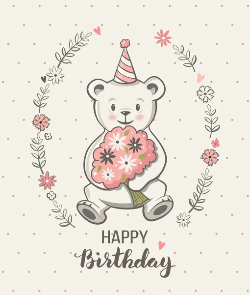 Cute Little Bear Cartoon Vector Illustration Happy Birthday Greeting Card — Stock Vector
