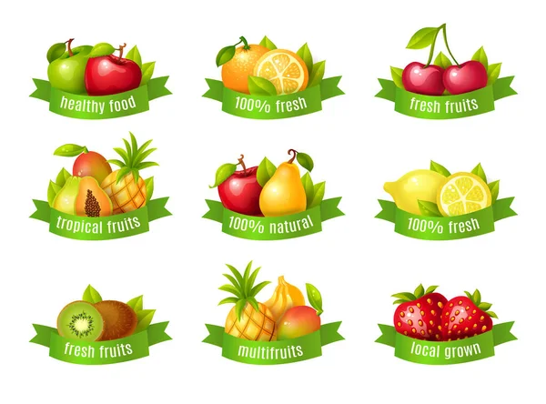 Frutas Bayas Frescas Alimentos Saludables Etiquetas Manzanas Naranja Limón Fresa — Vector de stock