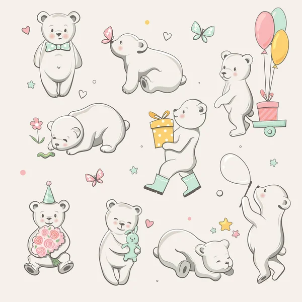 Koleksi Beruang Kecil Yang Lucu Sempurna Untuk Kartu Ucapan Pesta - Stok Vektor