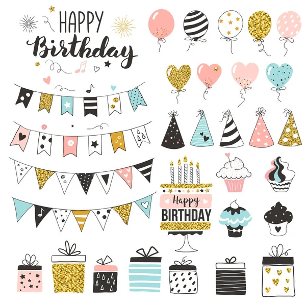 生日宴会元素 一套气球 纸杯蛋糕 礼品盒 花环和帽子 手绘风格 — 图库矢量图片