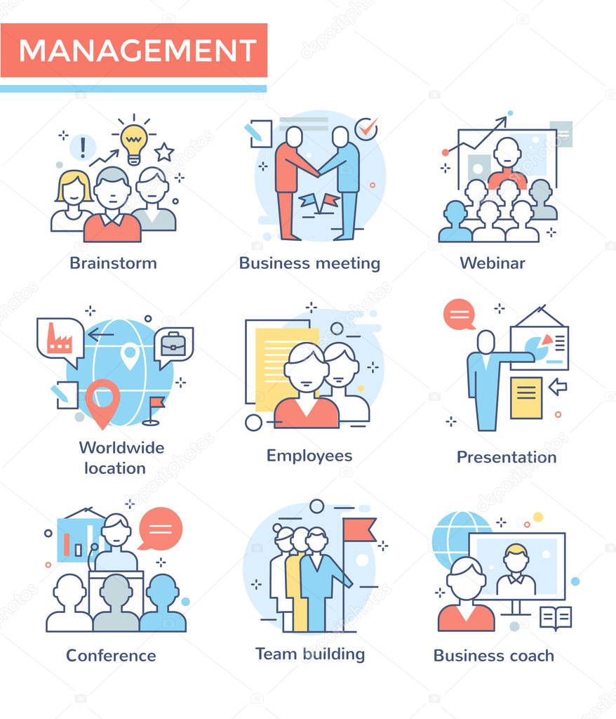 Business management and teamwork icons, thin line,  flat design, color set
