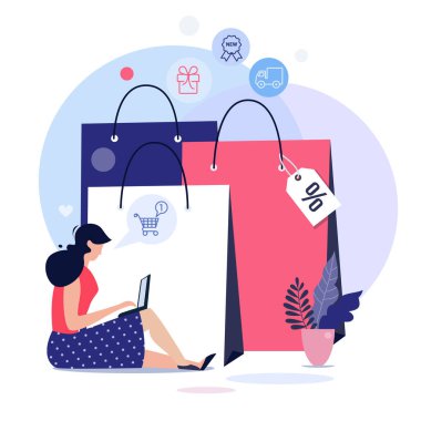 Çevrimiçi alışveriş konsepti illüstrasyon, web şablonları, düz tasarım vektör posteri