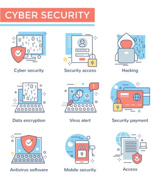 Siber güvenlik konsepti simgeleri, ince çizgi, düz tasarım