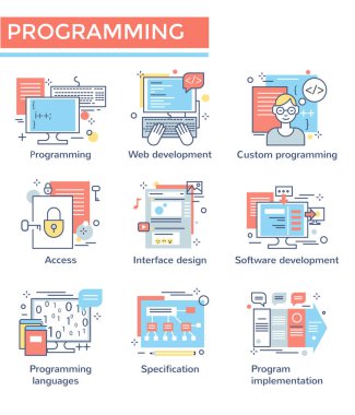 Programlama konsepti simgeleri, ince çizgi, düz tasarım