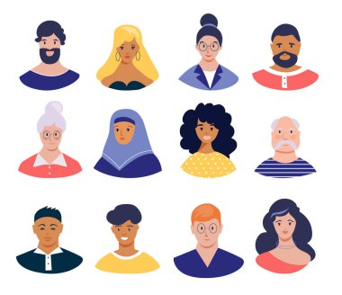 Profil resimleri. Erkekler ve kadınlar, gençler, yaşlılar. Farklı milletler, saç stilleri ve giysiler. Vektör simgeleri, düz tasarım. 