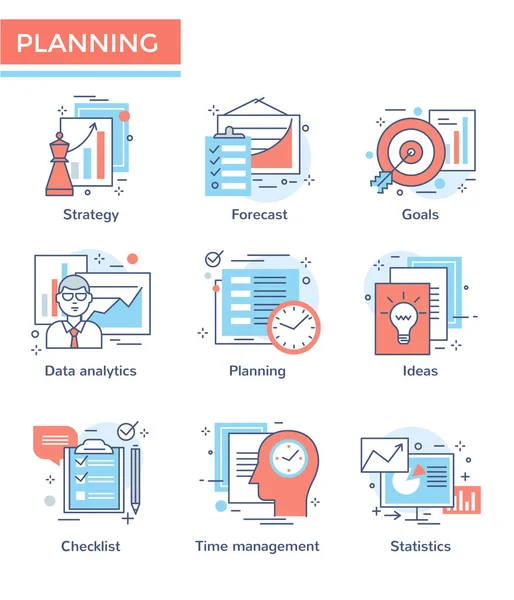 Bedrijfsplanning Bedrijfsstrategie Concept Iconen Dunne Lijn Plat Ontwerp — Stockvector