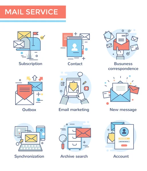 Mail Service Mail Marketing Symbole Dünne Linie Flaches Design Farbset — Stockvektor