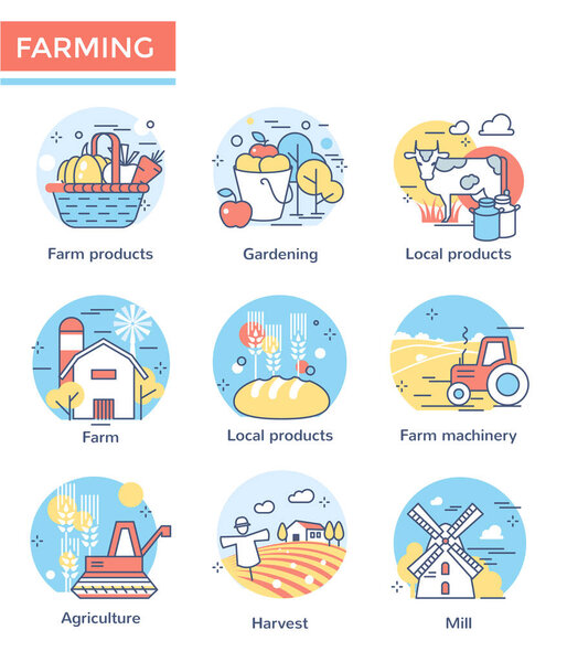 Farm concept icons, thin line, flat design