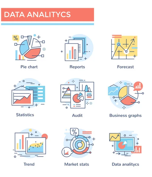 Dataanalys Och Business Chart Ikoner Tunn Linje Färg Set Platt Vektorgrafik