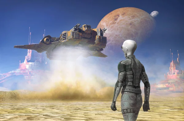 Raumschiff Landet Auf Einem Außerirdischen Wüstenplaneten Rendern Science Fiction Illustration Stockbild