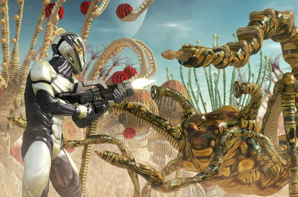 Utrymme Trooper Soldat Och Främmande Monster Planet Render Science Fiction — Stockfoto