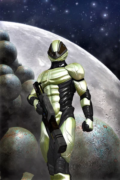 Futuristischer Soldat Und Mond Machen Science Fiction Illustration — Stockfoto