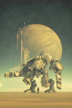 dev robot pilotu ve şehir 3d render bilim kurgu illüstrasyon