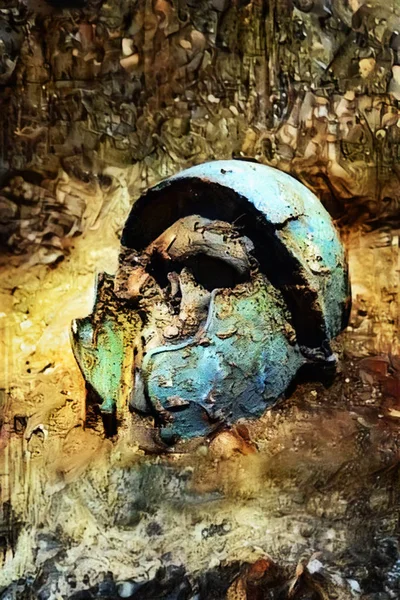 戦士のヘルメットと頭蓋骨を描いたファンタジーの図 ストックフォト