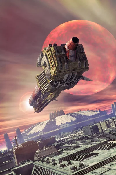 宇宙飞船和未来城市 渲染科幻小说插图 图库图片