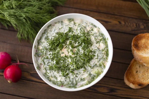 Okroshka Una Sopa Fría Verano Verduras Frescas Carne Yogur —  Fotos de Stock