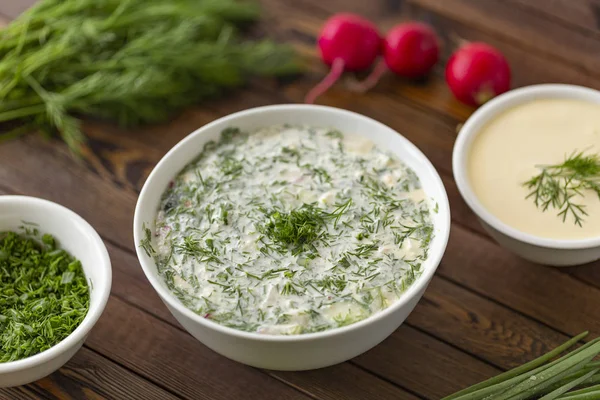 Okroshka Una Sopa Fría Verano Verduras Frescas Carne Yogur —  Fotos de Stock