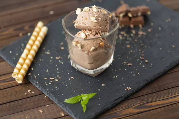 Ice cream with chocolate, nuts and chocolate chips