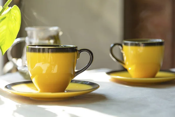 Green Tea Two Cups Tea Coffee Table Blurred Background — Stock Photo, Image