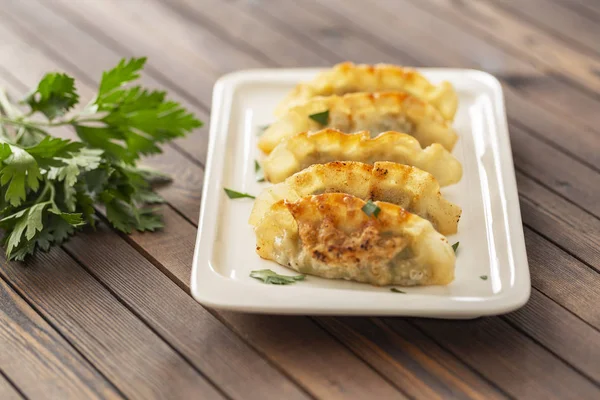 Pan Fried Dumpling Con Salsa Comida Asiática — Foto de Stock